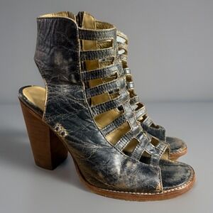 Bed Stu Occam Size 9 Peep Toe Caged Sandal Boot Distressed Leather Black